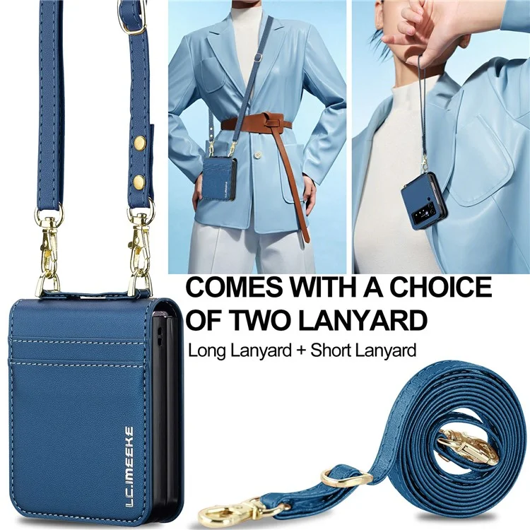 LC.IMEEKE L1 for Samsung Galaxy Z Flip4 5G Case Leather+PC Phone Cover with Straps Card Slots - Blue