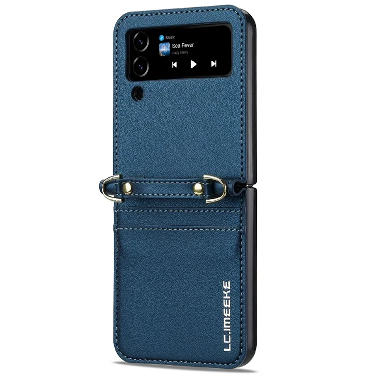 LC.IMEEKE L1 for Samsung Galaxy Z Flip4 5G Case Leather+PC Phone Cover with Straps Card Slots - Blue