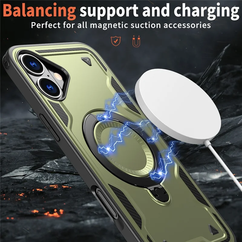 For iPhone 16 Case Compatible with MagSafe Military Protection PC+TPU Kickstand Phone Cover - Olive Green