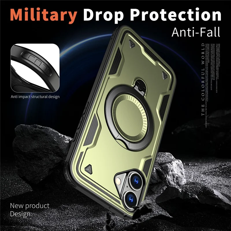 For iPhone 16 Case Compatible with MagSafe Military Protection PC+TPU Kickstand Phone Cover - Olive Green