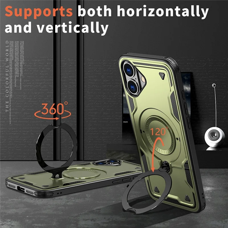 For iPhone 16 Case Compatible with MagSafe Military Protection PC+TPU Kickstand Phone Cover - Olive Green