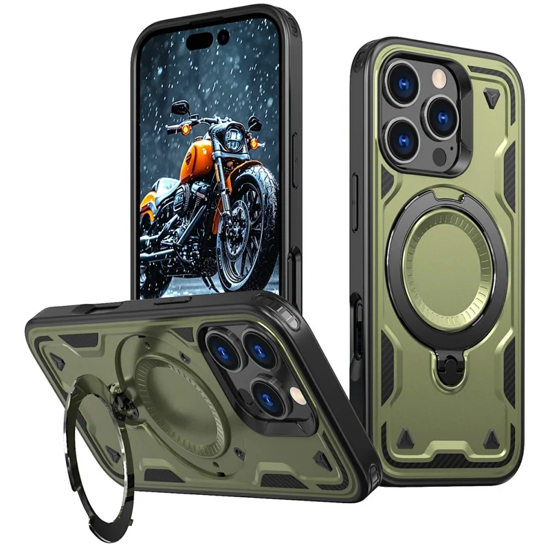 For iPhone 16 Pro Case Compatible with MagSafe Military Protection PC+TPU Kickstand Phone Cover - Olive Green