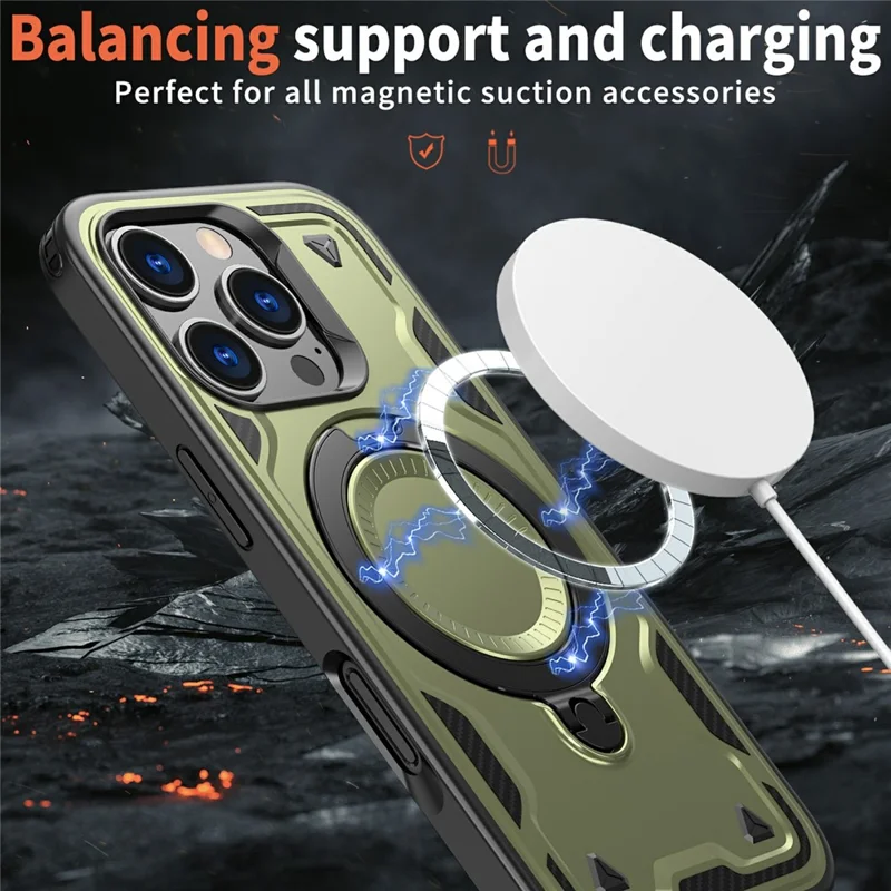 For iPhone 16 Pro Case Compatible with MagSafe Military Protection PC+TPU Kickstand Phone Cover - Olive Green