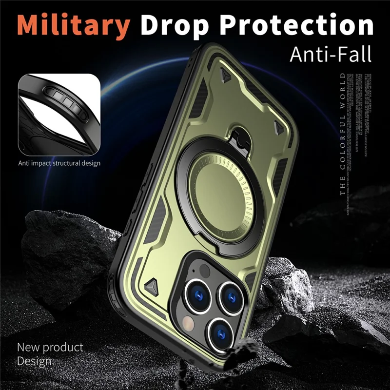 For iPhone 16 Pro Case Compatible with MagSafe Military Protection PC+TPU Kickstand Phone Cover - Olive Green