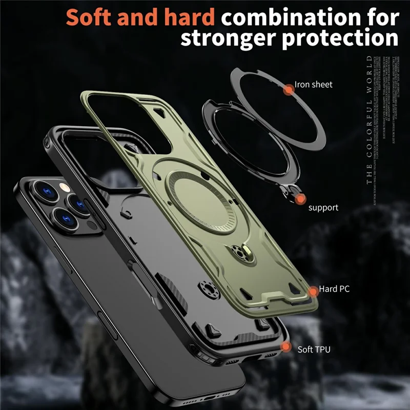 For iPhone 16 Pro Case Compatible with MagSafe Military Protection PC+TPU Kickstand Phone Cover - Olive Green