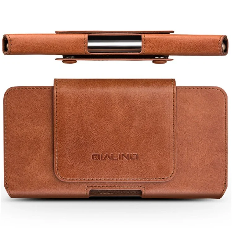 QIALINO Universal Genuine Cow Leather Waist Pouch Case for Under 6.9-inch Phones Drop-Proof Business Style Phone Bag - Brown