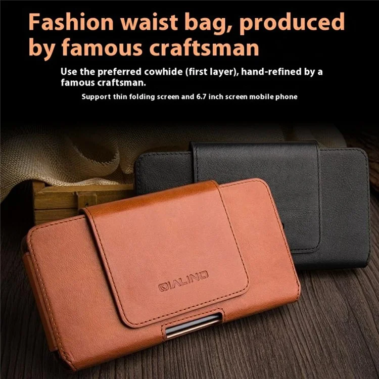 QIALINO Universal Genuine Cow Leather Waist Pouch Case for Under 6.9-inch Phones Drop-Proof Business Style Phone Bag - Brown