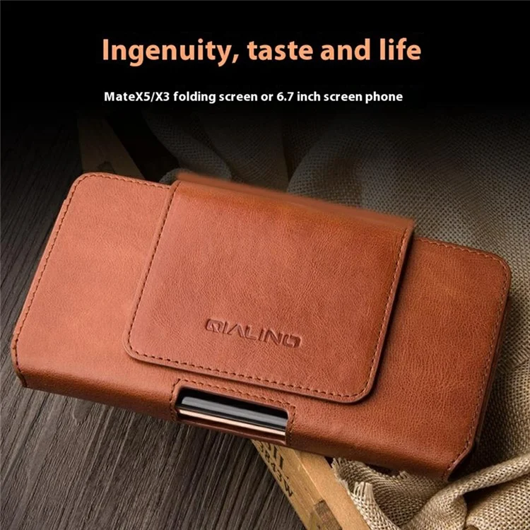 QIALINO Universal Genuine Cow Leather Waist Pouch Case for Under 6.9-inch Phones Drop-Proof Business Style Phone Bag - Brown