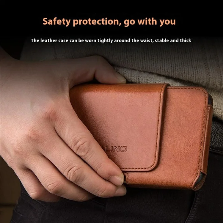 QIALINO Universal Genuine Cow Leather Waist Pouch Case for Under 6.9-inch Phones Drop-Proof Business Style Phone Bag - Brown