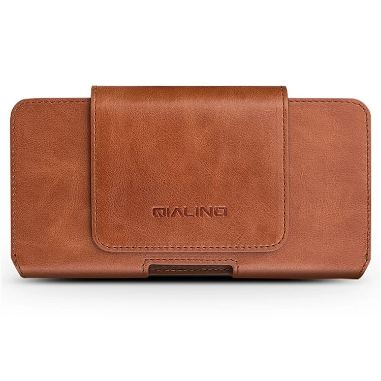 QIALINO Universal Genuine Cow Leather Waist Pouch Case for Under 6.9-inch Phones Drop-Proof Business Style Phone Bag - Brown