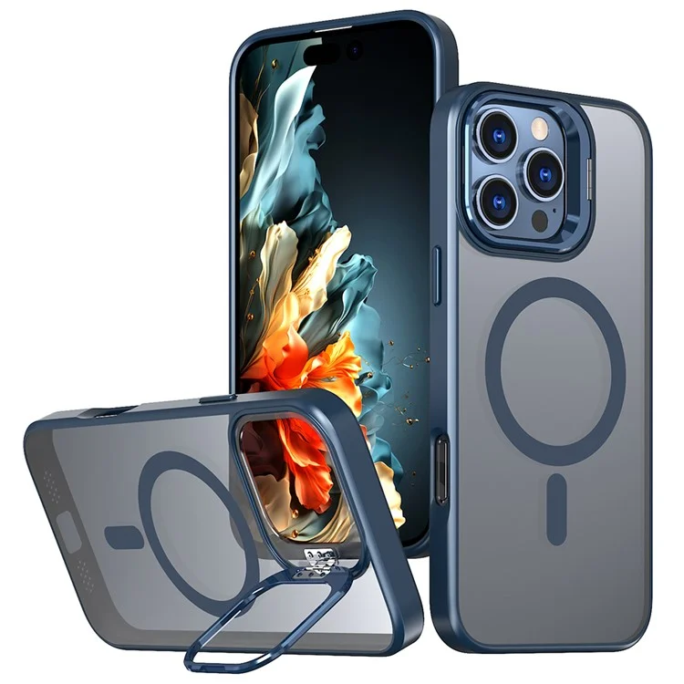 Pour L'iphone 16 Pro Max Case Lens Kickstand Tpu + pc Téléphone Couverture Compatible Avec Magsafe - Bleu Marine