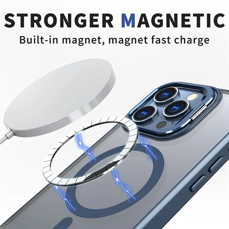 Pour L'iphone 16 Pro Max Case Lens Kickstand Tpu + pc Téléphone Couverture Compatible Avec Magsafe - Bleu Marine
