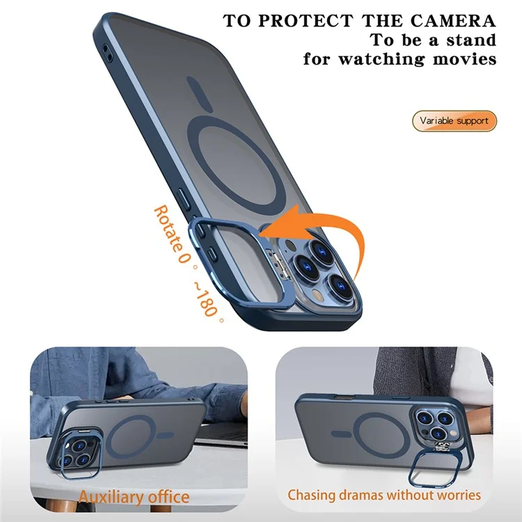 Pour L'iphone 16 Pro Max Case Lens Kickstand Tpu + pc Téléphone Couverture Compatible Avec Magsafe - Bleu Marine