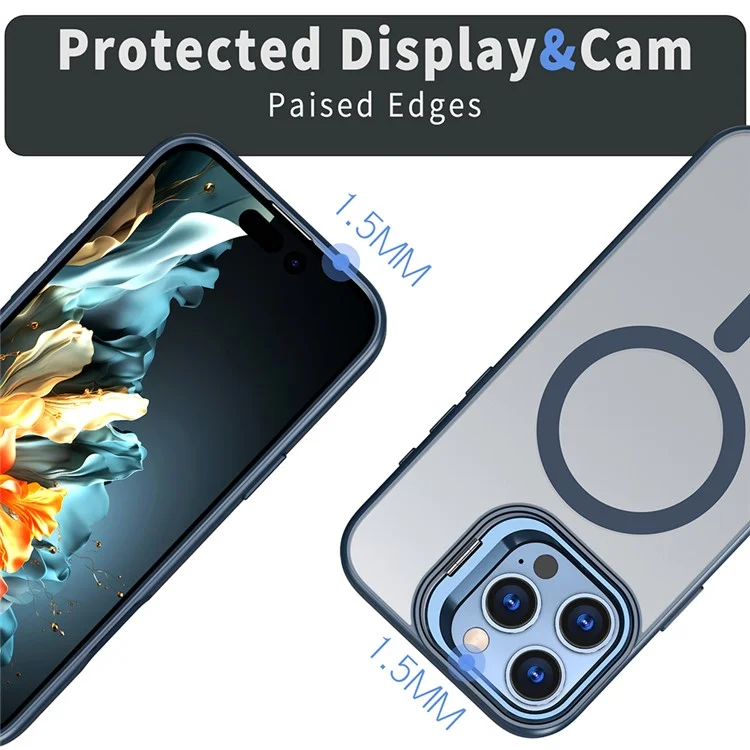 Pour L'iphone 16 Pro Max Case Lens Kickstand Tpu + pc Téléphone Couverture Compatible Avec Magsafe - Bleu Marine