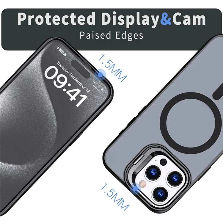 Para Iphone 15 Pro Case Lens Kickstand TPU+PC Tope Topo Compatível Com Magsafe - Preto