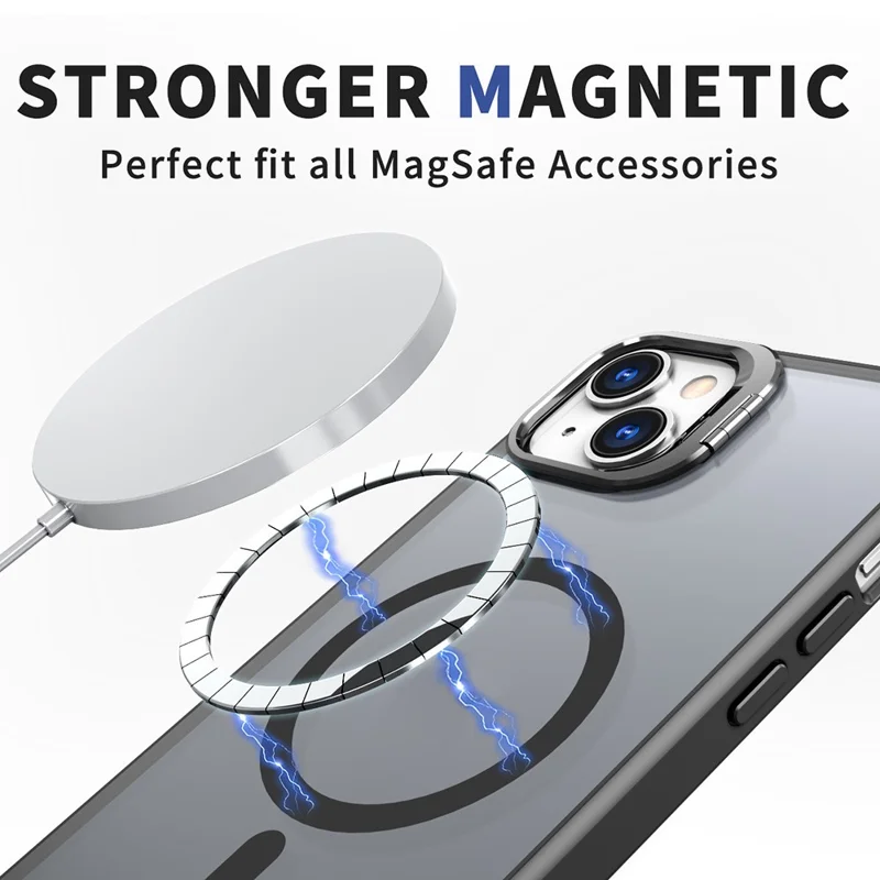 Для Iphone 15 Case Lins Kickstand TPU+PC Phone Cope Coptable с Magsafe - Черный