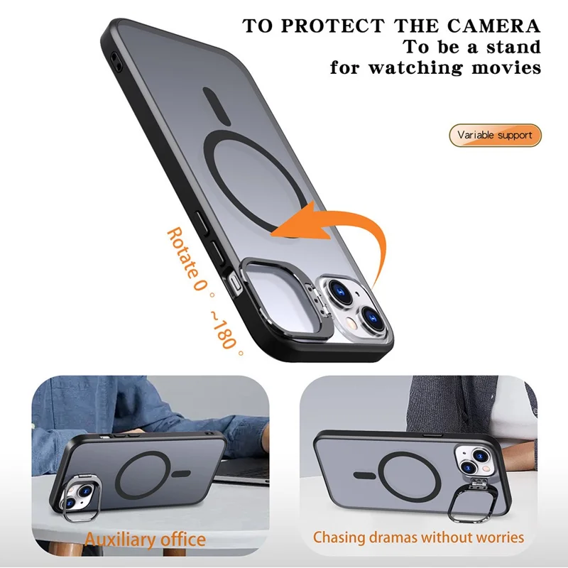 Для Iphone 15 Case Lins Kickstand TPU+PC Phone Cope Coptable с Magsafe - Черный