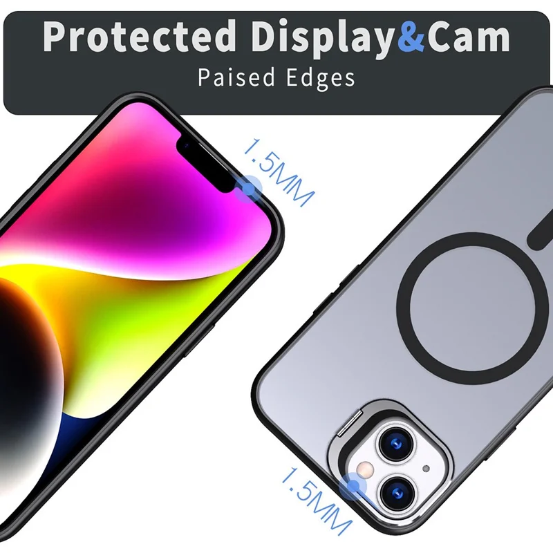 Для Iphone 15 Case Lins Kickstand TPU+PC Phone Cope Coptable с Magsafe - Черный
