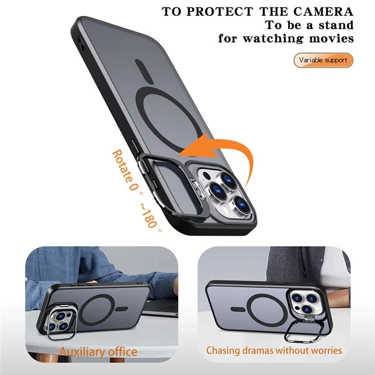 Para Iphone 15 Pro Max Case Lens Kickstand TPU+PC Telep Cubre Compatible Con Magsafe - Negro