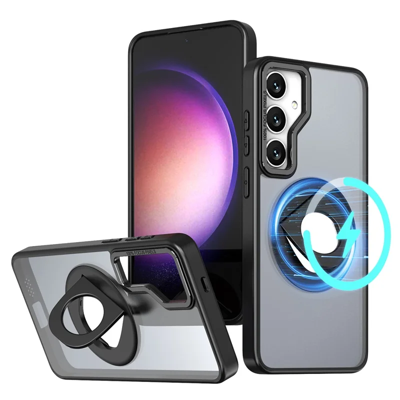 For Samsung Galaxy S24+ Case Rotating Kickstand Acrylic+TPU Phone Cover Magnetic Case - Black