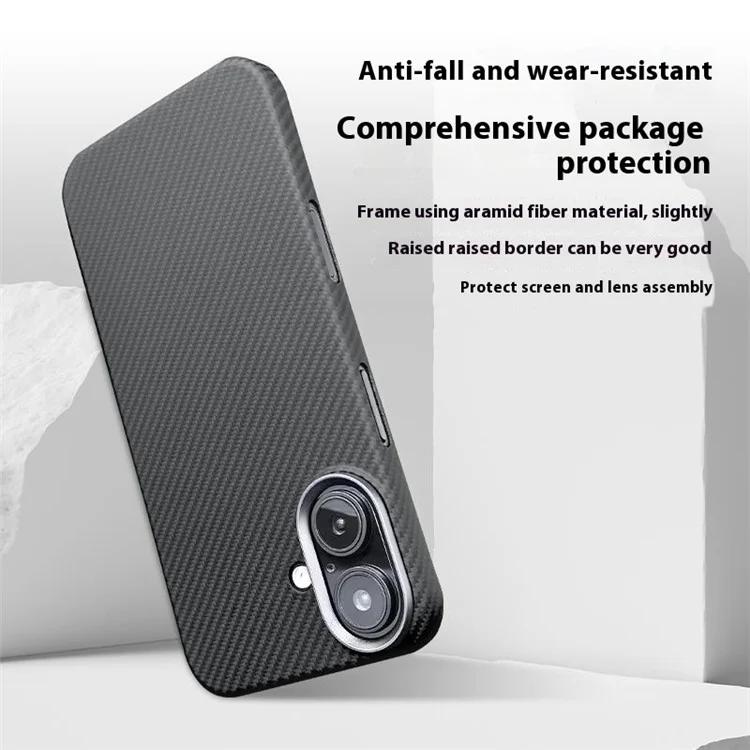 Для Iphone 16 Plus Case 600D Fine Texture Aramid Fibre Phone Cope с Металлической Рамкой Объектива - Черный