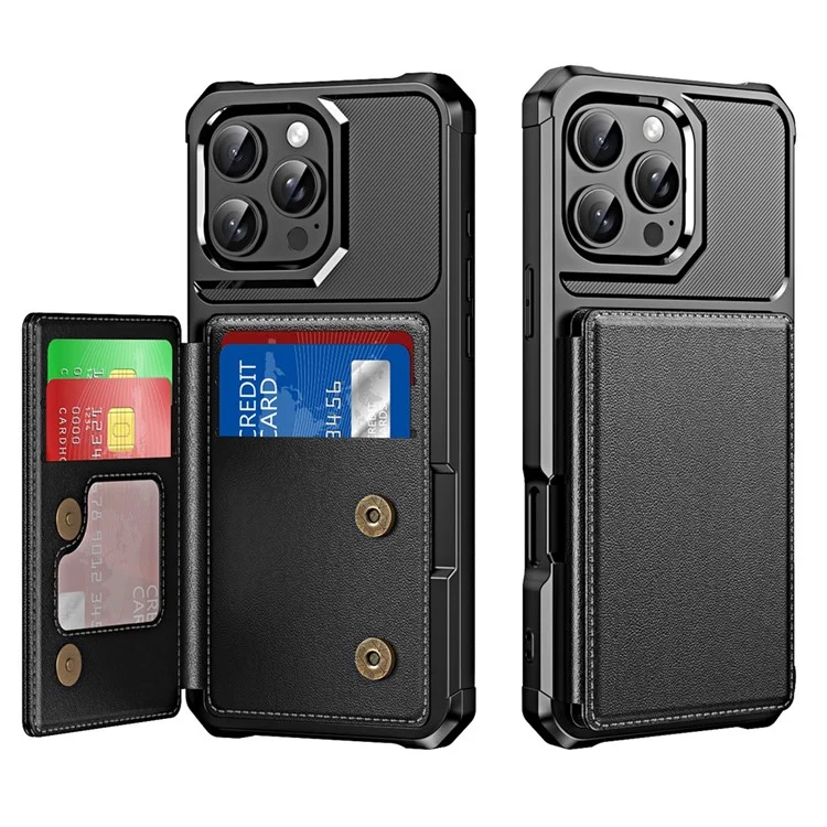 Чехол для iPhone 16 Pro Max с слотом для карт, кожаной и усиленной крышкой телефона из TPU - черный