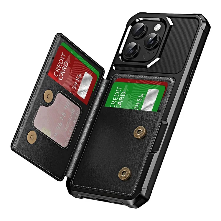 Чехол для iPhone 16 Pro Max с слотом для карт, кожаной и усиленной крышкой телефона из TPU - черный