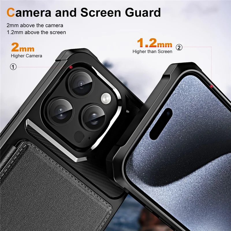 Für das iPhone 16 Pro - Hülle mit Kartenfach, Ständer und verstärkten Ecken aus Leder und TPU - Schwarz