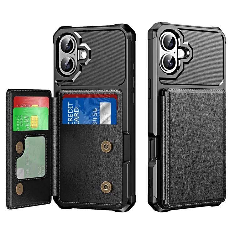 Pour iPhone 16 Plus, étui avec emplacement pour carte, support intégré, en cuir et TPU avec coins renforcés - Noir