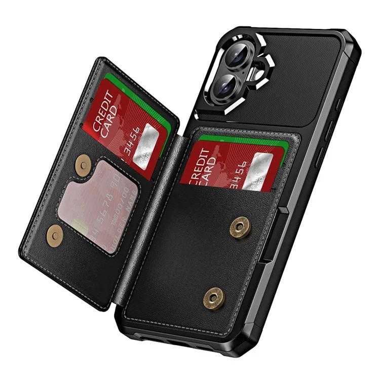 Pour iPhone 16 Plus, étui avec emplacement pour carte, support intégré, en cuir et TPU avec coins renforcés - Noir