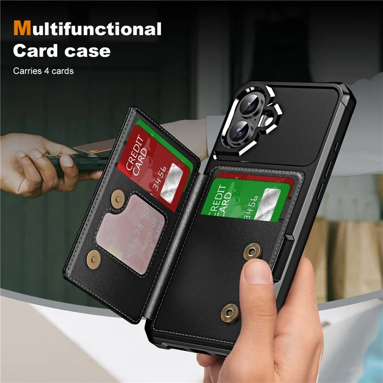 Pour iPhone 16 Plus, étui avec emplacement pour carte, support intégré, en cuir et TPU avec coins renforcés - Noir