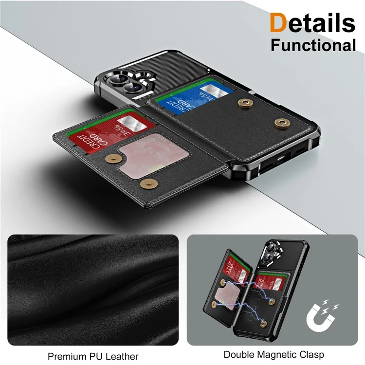 Pour iPhone 16 Plus, étui avec emplacement pour carte, support intégré, en cuir et TPU avec coins renforcés - Noir