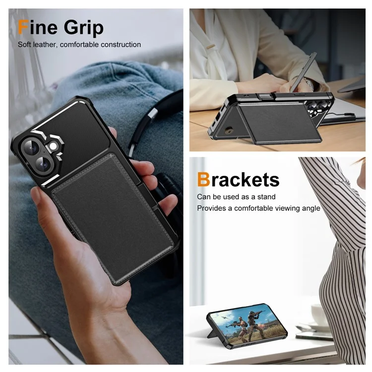Pour iPhone 16 Plus, étui avec emplacement pour carte, support intégré, en cuir et TPU avec coins renforcés - Noir