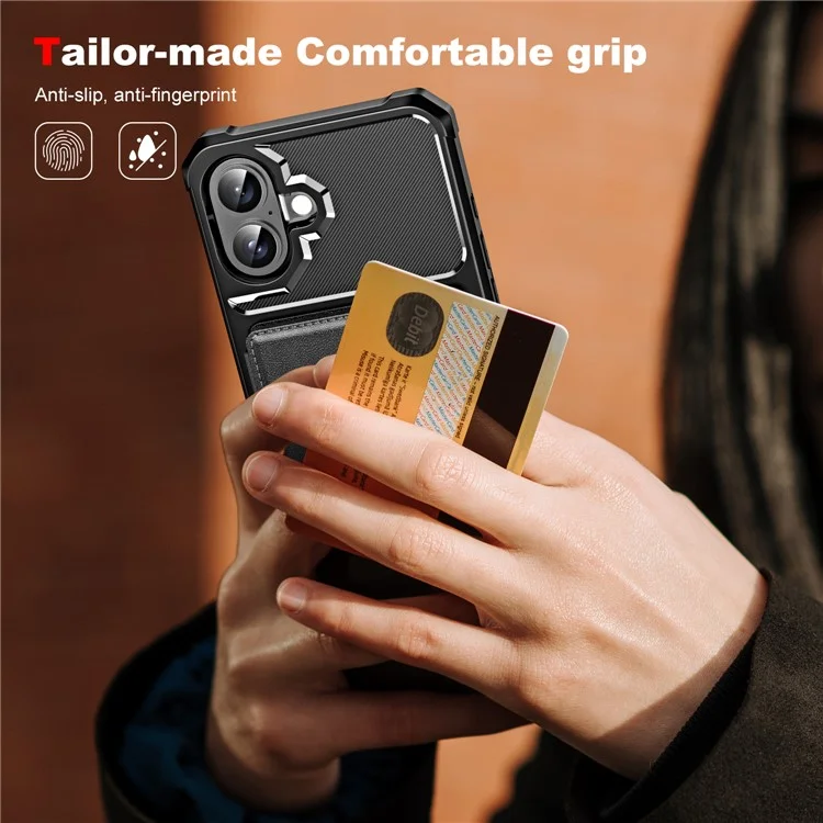 Pour iPhone 16 Plus, étui avec emplacement pour carte, support intégré, en cuir et TPU avec coins renforcés - Noir
