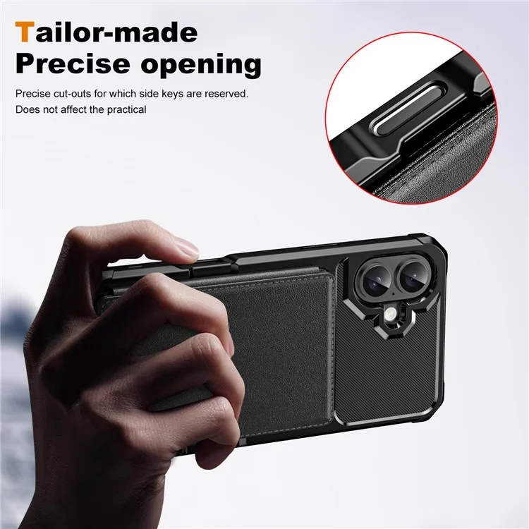 Pour iPhone 16 Plus, étui avec emplacement pour carte, support intégré, en cuir et TPU avec coins renforcés - Noir