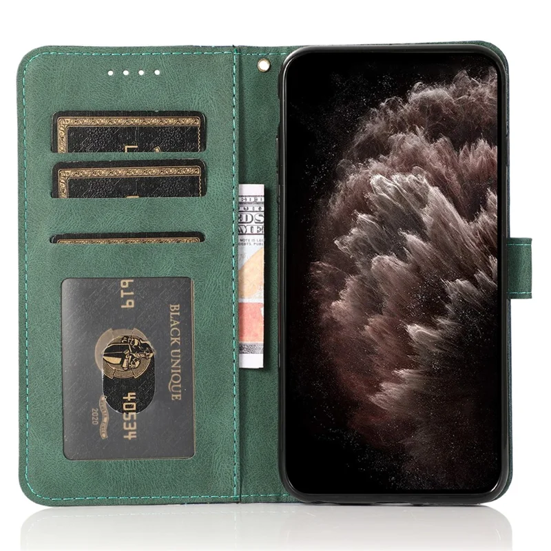 For Xiaomi Poco C75 4G / Redmi 14R 5G / 14C 4G Cover Color Splicing Wallet Stand Leather Phone Case with Wrist Strap - Blue+Green