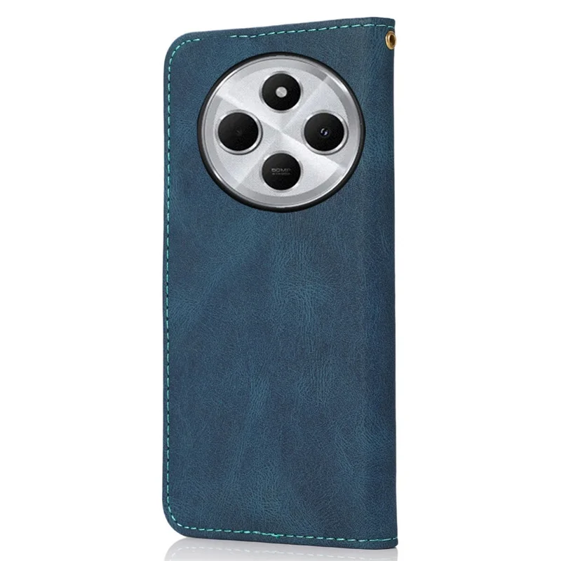 For Xiaomi Poco C75 4G / Redmi 14R 5G / 14C 4G Cover Color Splicing Wallet Stand Leather Phone Case with Wrist Strap - Blue+Green