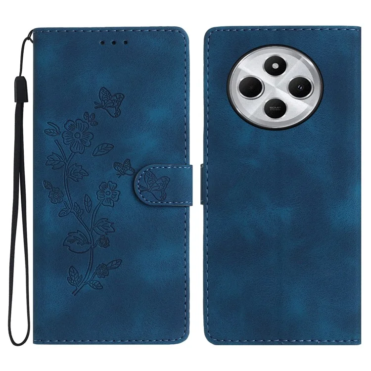For Xiaomi Poco C75 4G / Redmi 14R 5G / 14C 4G Case Leather Imprinted Flower Phone Cover Wallet with Wrist Strap - Blue
