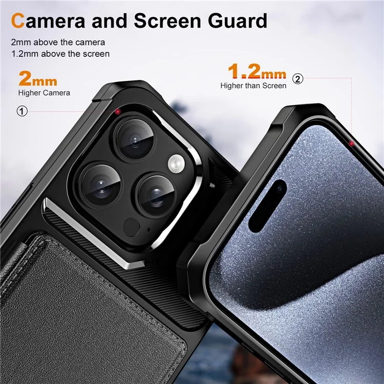 Чехол для iPhone 15 Pro Max с отсеком для карт - кожаный чехол с усиленными углами и TPU - Черный