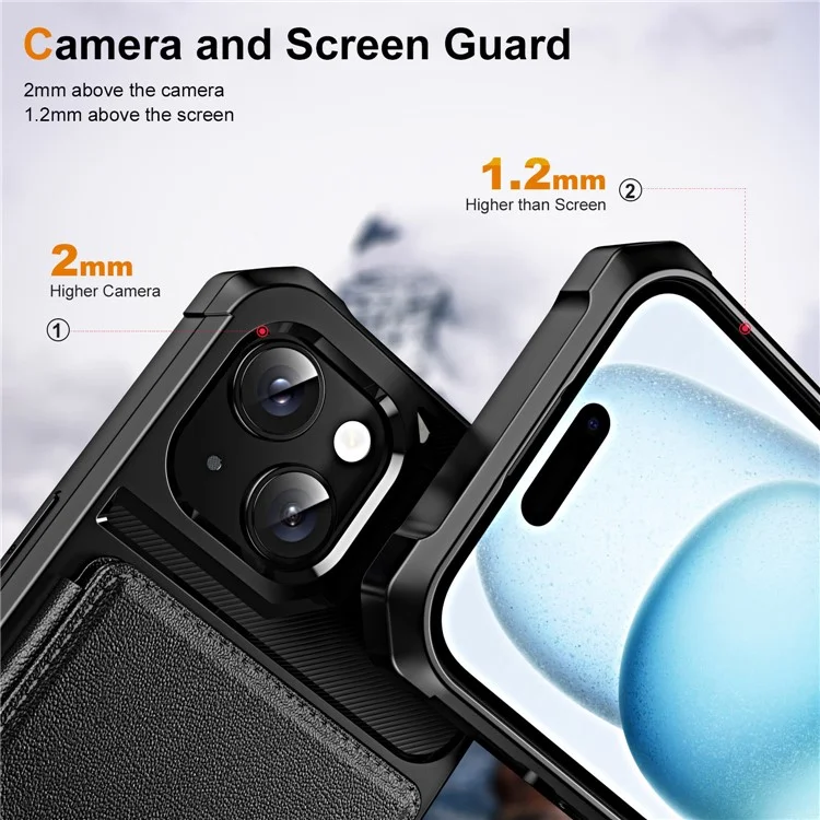 Para iPhone 15 Funda Ranguardia Ratio de Patada de Cuero+TPU Transportada Del Teléfono de Esquina Reforzada - Negro