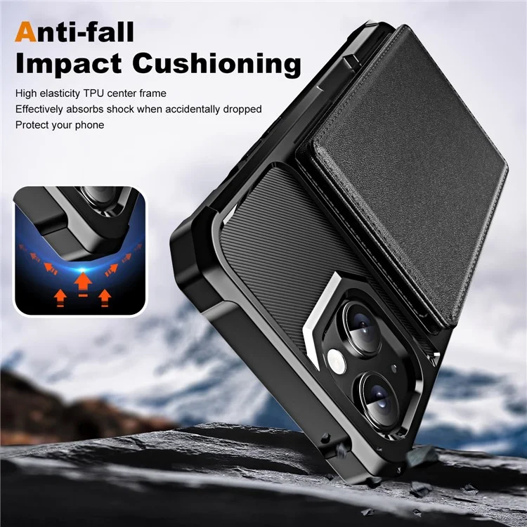 Para iPhone 15 Funda Ranguardia Ratio de Patada de Cuero+TPU Transportada Del Teléfono de Esquina Reforzada - Negro