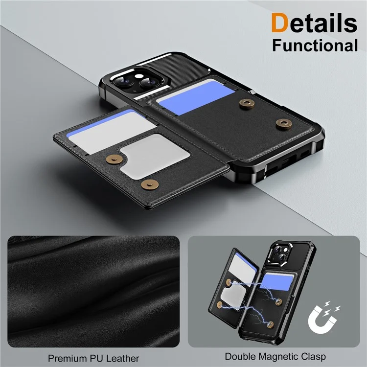 Para iPhone 15 Funda Ranguardia Ratio de Patada de Cuero+TPU Transportada Del Teléfono de Esquina Reforzada - Negro
