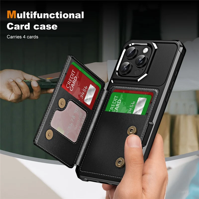 Per iPhone 15 Pro Case, custodia in pelle con slot e supporto, copertura telefonica rinforzata in TPU - Nero