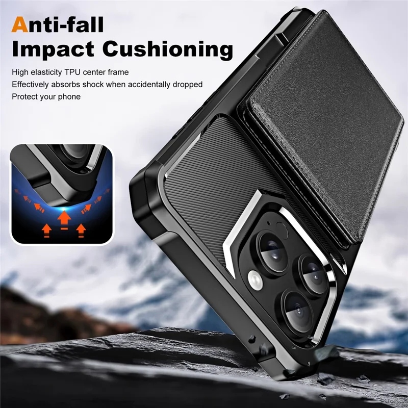 Per iPhone 15 Pro Case, custodia in pelle con slot e supporto, copertura telefonica rinforzata in TPU - Nero