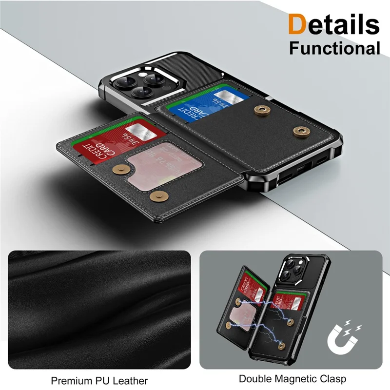 Per iPhone 15 Pro Case, custodia in pelle con slot e supporto, copertura telefonica rinforzata in TPU - Nero