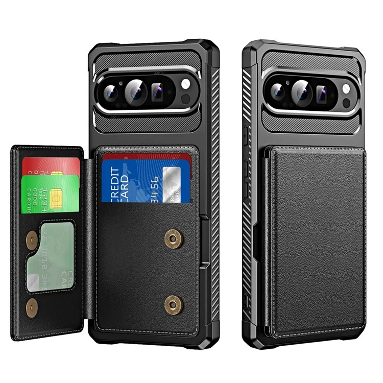 Per Google Pixel 9 / Pixel 9 Pro Custodia Slot per Schede Supporto in Pelle + Copertura per Telefono Angolare Rinforzata in TPU - Nero