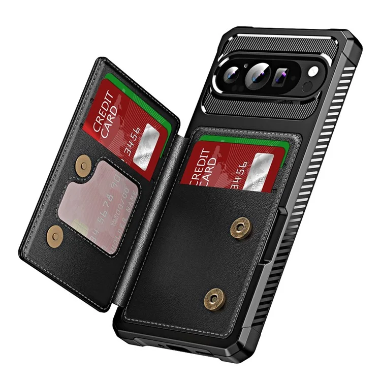 Per Google Pixel 9 / Pixel 9 Pro Custodia Slot per Schede Supporto in Pelle + Copertura per Telefono Angolare Rinforzata in TPU - Nero
