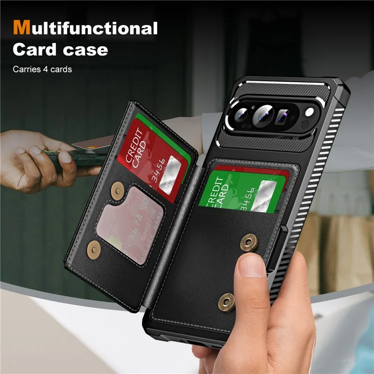 Per Google Pixel 9 / Pixel 9 Pro Custodia Slot per Schede Supporto in Pelle + Copertura per Telefono Angolare Rinforzata in TPU - Nero