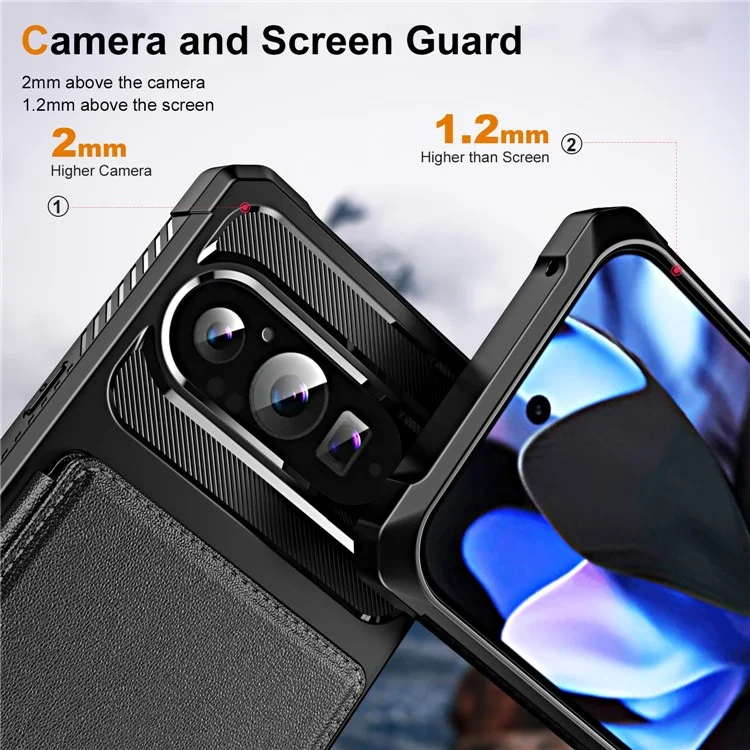 Per Google Pixel 9 / Pixel 9 Pro Custodia Slot per Schede Supporto in Pelle + Copertura per Telefono Angolare Rinforzata in TPU - Nero
