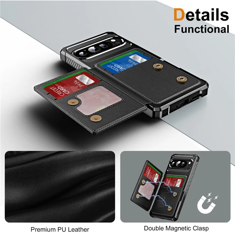 Per Google Pixel 9 / Pixel 9 Pro Custodia Slot per Schede Supporto in Pelle + Copertura per Telefono Angolare Rinforzata in TPU - Nero